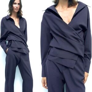 Zara Wool Blend Tie Shirt top Charcoal Medium NWOT